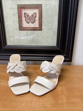 Vince Camuto Off-White Braided Strap Square-Toe Slide Heels